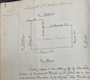 page showing a diagram of the original boundaries for St. Philip, Spadina in 1875, along with written description of the boundaries