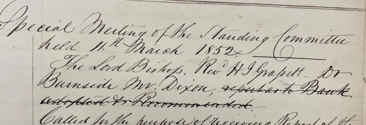 First entry dated March 11, 1852 in the minute book for the Standing Committee of the Church Society of the Diocese of Toronto.