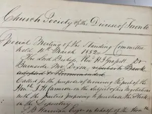 First entry dated March 11, 1852 in the minute book for the Standing Committee of the Church Society of the Diocese of Toronto.