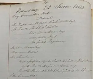 First entry dated June 28, 1842 in the minute book of the Lay Committee of the Church Society of the Diocese of Toronto.