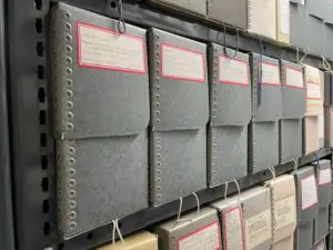 Photo showing row of Hollinger boxes in the vault