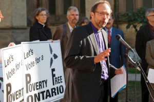 Faith groups gather for the âLet's vote for a poverty free Ontario,â launch and rally at St. James' Anglican Cathedral, Toronto, Canada.