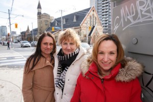 Jolene Heida, PROS program manager (right) with Deborah Belcourt (left) and Janet Lyons outside All Saints, Sherbourne Street in Toronto. Ms. Belcourt and Ms. Lyons provide street-based outreach to sex workers and co-facilitate the prevention workshops in schools. Photo by Michael Hudson