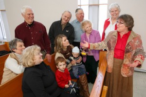 The Rev. Mary Bell-Plouffe practices telling stories from St. Mark's Gospel to parishioners at St. Barnabas, Peterborough.