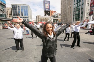 Dance instructor Jenna-Lynn Higgins leads flash mob at Yonge-Dundas Square in Toronto. Photo by Michael Hudson