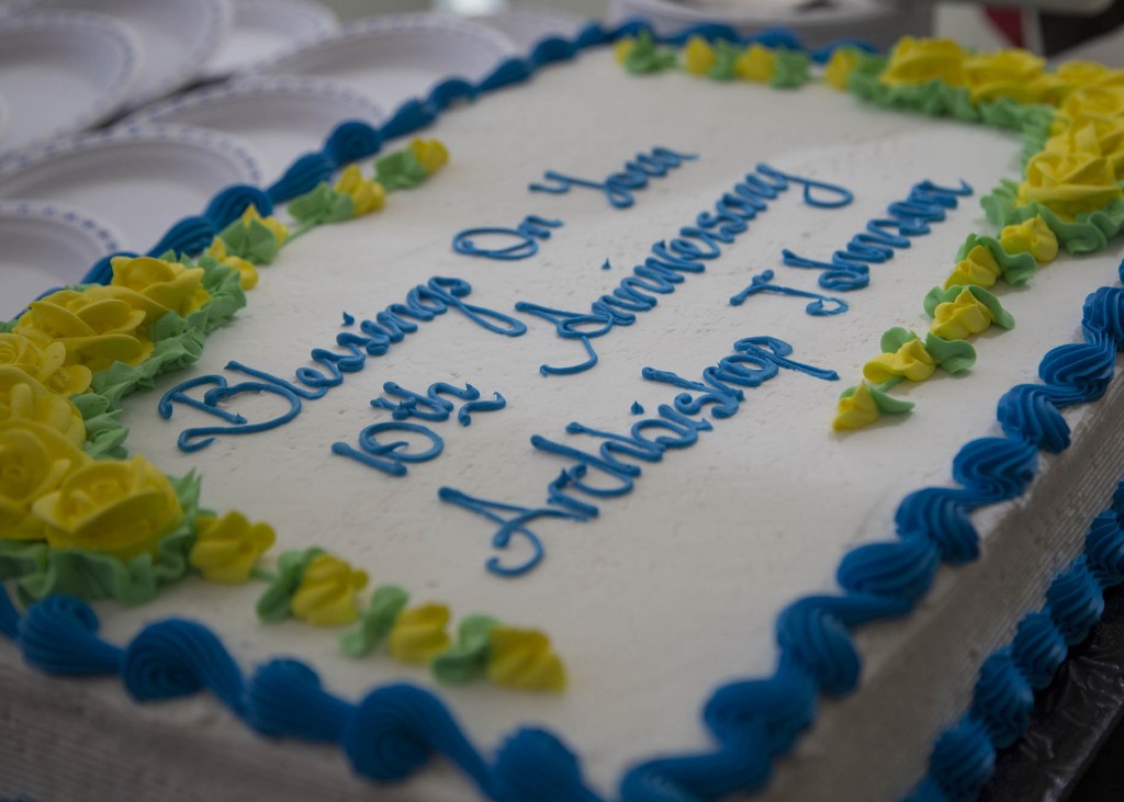 Everyone enjoyed cake in Snell Hall after the service. 