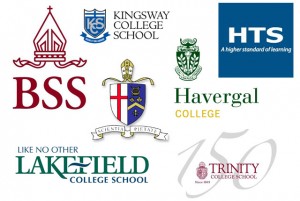 Logos of Bishop Strachan School, Kingsway College School, Royal St. George's College, Lakefield College School, Havergal College, Holy Trinity School and Trinity College School
