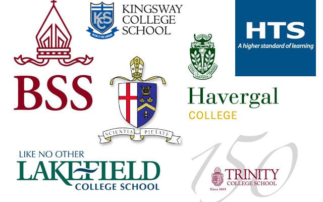 Logos of Bishop Strachan School, Kingsway College School, Royal St. George's College, Lakefield College School, Havergal College, Holy Trinity School and Trinity College School