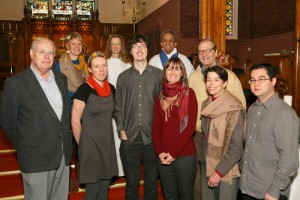 Members of Matthew 25:35, the group that is leading the effort at St. Matthew, First Avenue, to bring a Syrian refugee family to Canada. Front row from left: David Demson, Kathryn Gray, David King, Jenn King, Peter Newell, Aubrey Duffy and Hiro Kishibe. Back row from left: Adriel Driver, the Rev. Dr. Catherine Sider Hamilton and the Rev. Ajit John. Photo by Michael Hudson