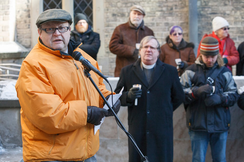Affordable housing advocate Michael Shapcott, a member of Holy Trinity, addresses city councillors.