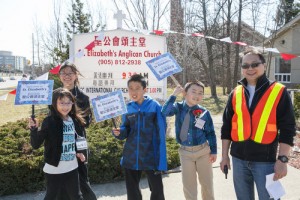 Young members of St. Elizabeth, Mississauga, greet people at the ground-breaking ceremony. Photos by Michael Hudson