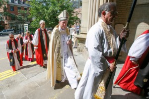 Primate Fred Hiltz enters St. James Cathedral for Canon Falby's memorial service on July 8.