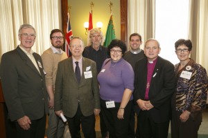 Anglicans left to right: John Rogers, Keswick, Ryan Weston, Paul G. Walker, Murray MacAdam, Elin Goulden, Rev. Bill Mous and Bishop Michael Bird from Diocese of Niagara and Catherine Soplet, St. Bride, Clarkson.