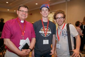Archbishop Johnson with Youth Delegates, Graham Ward and Stephen Warner at the opening reception of 41st General Synod of the Anglican Church of Canada at the Sheraton Parkway North Hotel, Richmond Hill, Ont. on July 7, 2016. Photo/Michael Hudson