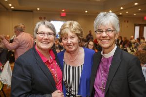 Bishop Mary Irwin-Gibson of Montreal, Ellen Johnson and Bishop Melissa Skelton of New Westminster pose for a photo.