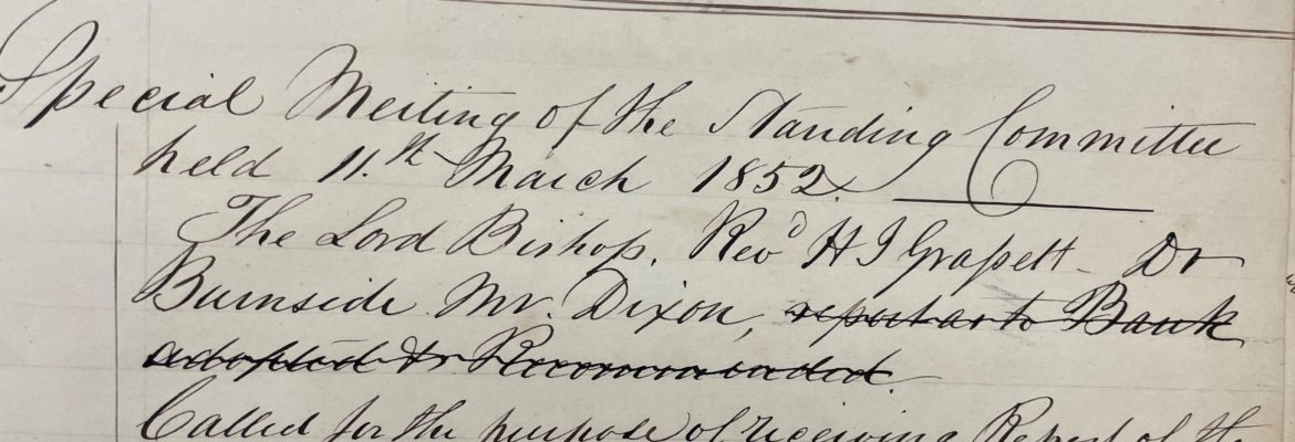 First entry dated March 11, 1852 in the minute book for the Standing Committee of the Church Society of the Diocese of Toronto.