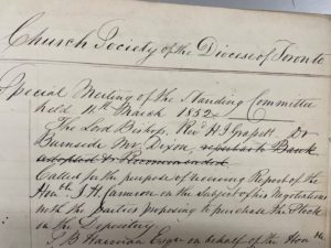 First entry dated March 11, 1852 in the minute book for the Standing Committee of the Church Society of the Diocese of Toronto.