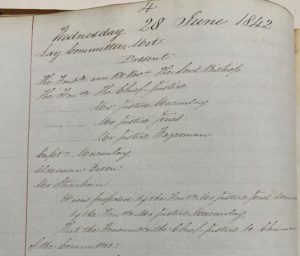 First entry dated June 28, 1842 in the minute book of the Lay Committee of the Church Society of the Diocese of Toronto.