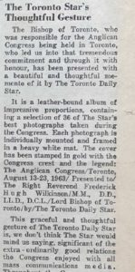Column in the Anglican acknowledging receipt of the photo album from the Toronto Daily Star.